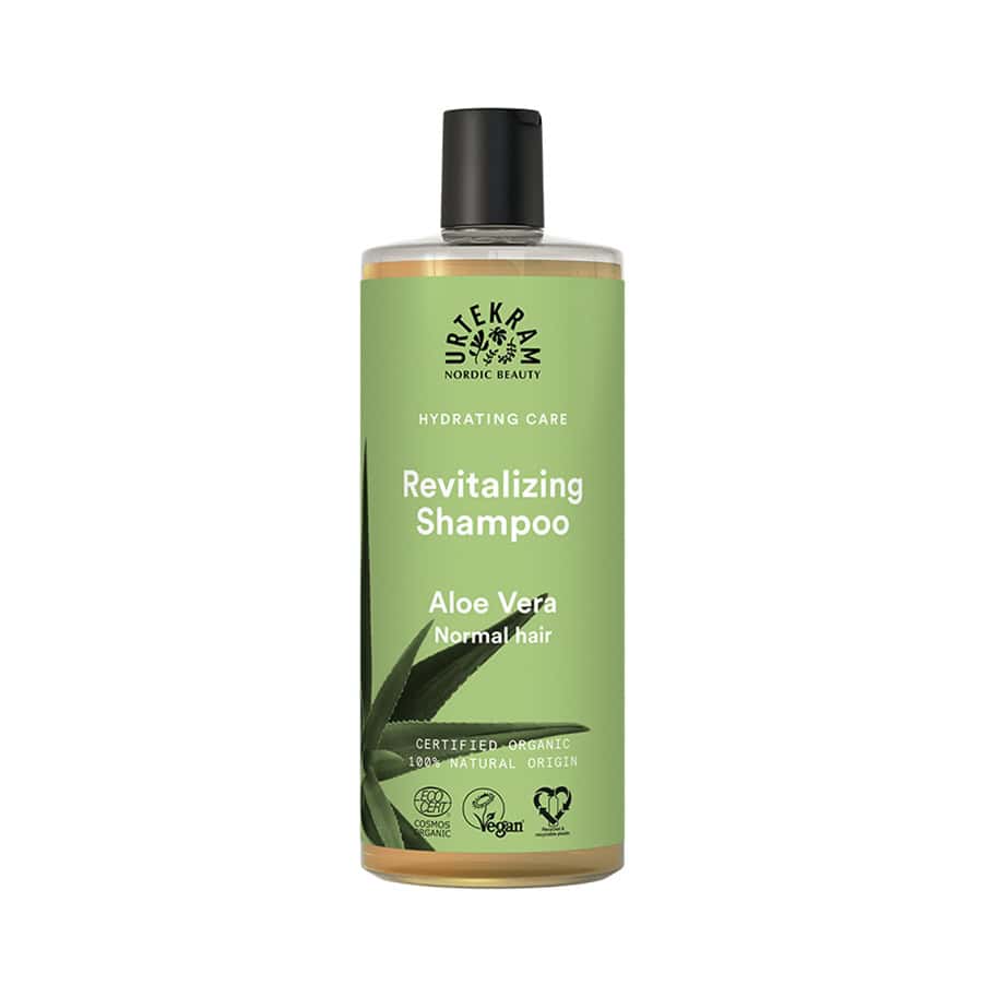 Shampoo Aloe Vera para cabelo normal 250ml da Urtekram em frasco verde.