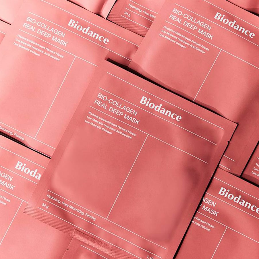 Embalagem da Máscara Real Deep Bio Collagen 4 x 34g da Biodance, tratamento intensivo com colagénio para firmeza e hidratação profunda da pele.