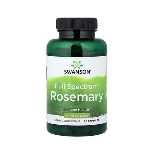 Cápsulas de romero Swanson de 400 mg, frasco con 90 cápsulas para favorecer la digestión y potenciar su función antioxidante.