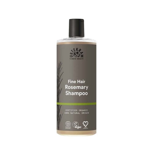 Champú de romero Urtekram para cabello fino, 500 ml, en botella verde.