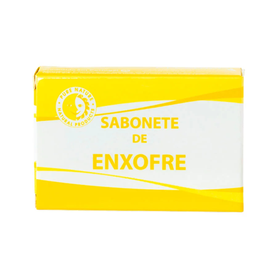 Caixa do Sabonete de Enxofre Pure Nature, destacando design em amarelo e branco com o texto central 'Sabonete de Enxofre' e o logótipo da marca Pure Nature.