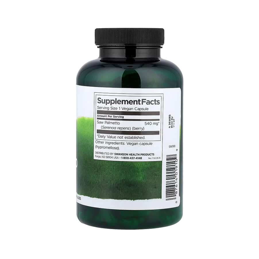 Saw palmetto 540 mg Swanson em cápsulas, frasco com 250 cápsulas para apoio da saúde da próstata