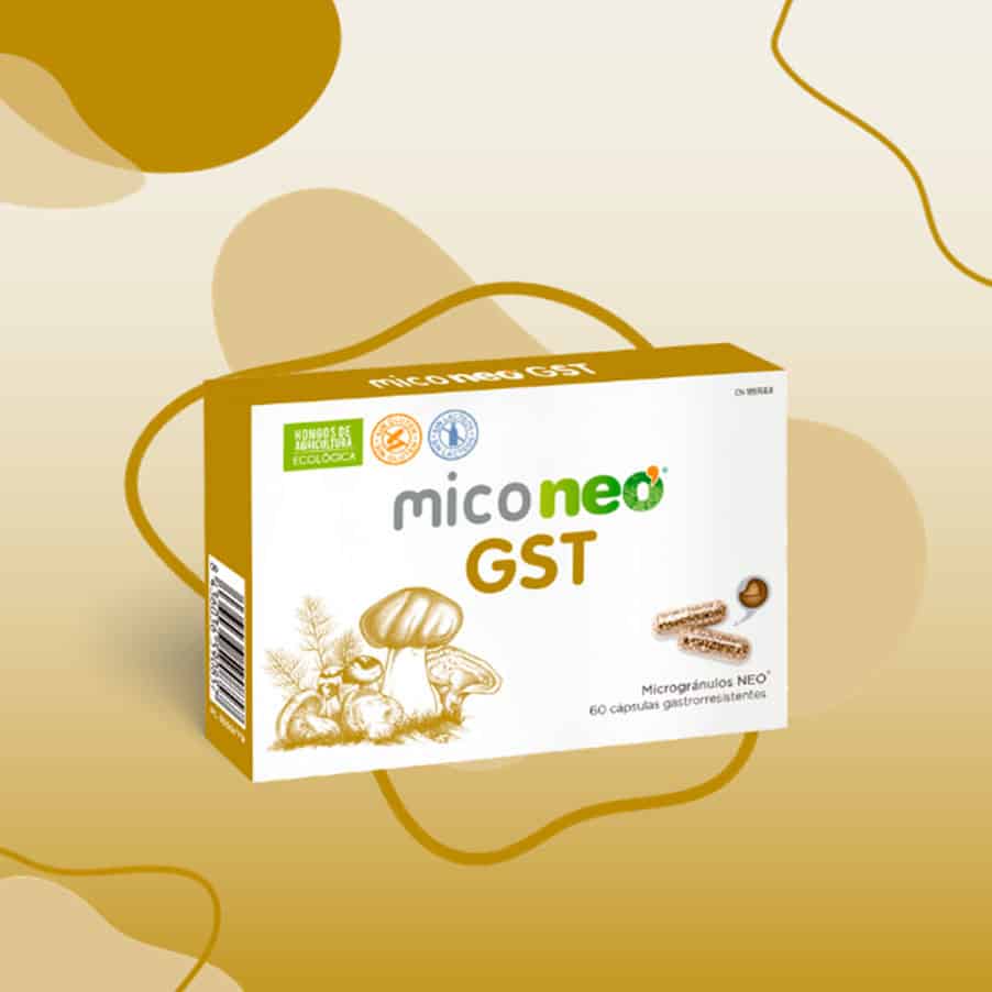 Frasco do Mico Neo GST com 60 cápsulas da NeoVital Health, suplemento com cogumelos medicinais para suporte gastrointestinal.