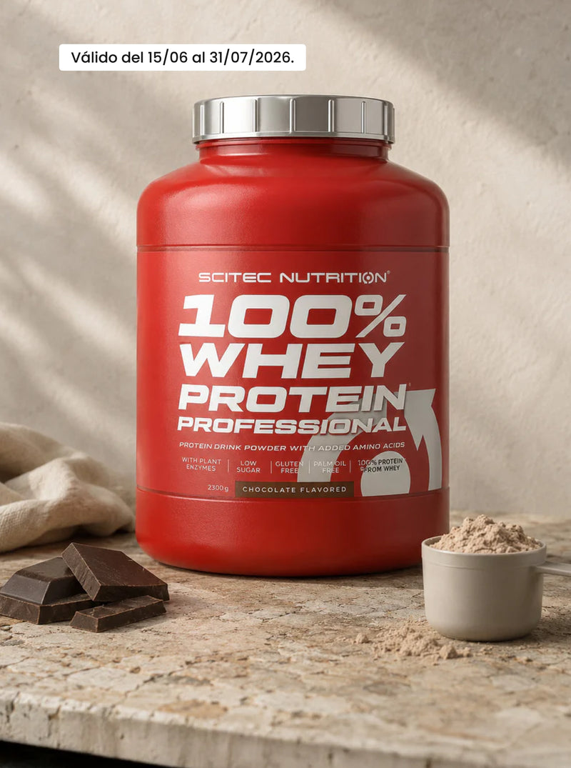 Banner promocional da Scitec Nutrition com proteína 100% Whey Protein Professional, com até 27% de desconto, válido de 15/06 a 31/07/2026.