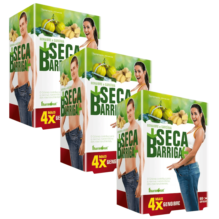 Seca Barriga Pack 3 x 60 cápsulas Fharmonat, suplemento alimentar com gengibre, garcínia cambogia, alcachofra, ispágula e crómio.
