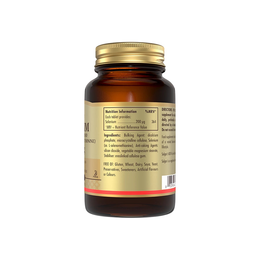 Selénio 200mcg 50 Comprimidos Solgar, suplemento vegan com selénio para apoiar cabelo, unhas, sistema imunitário e tiroide.