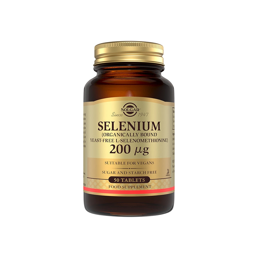 Selénio 200mcg 50 Comprimidos Solgar, suplemento vegan com selénio para apoiar cabelo, unhas, sistema imunitário e tiroide.