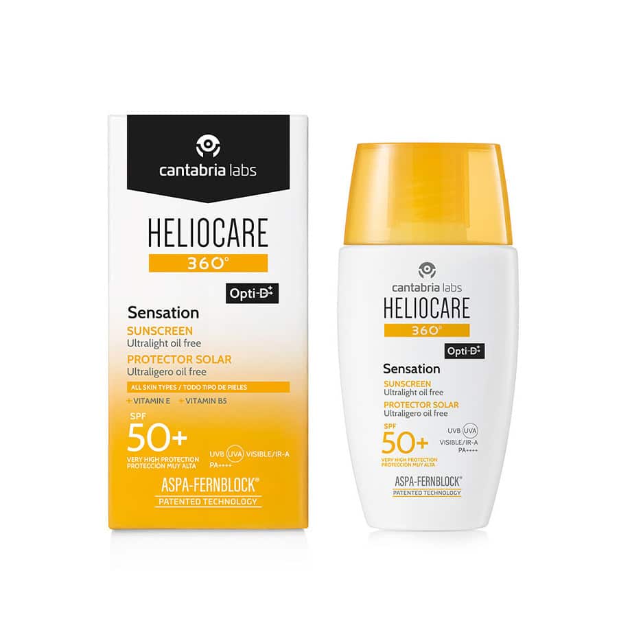 Protetor solar facial Heliocare 360 Sensation FPS 50+ da Cantabria Labs com textura ultraleve e acabamento invisível