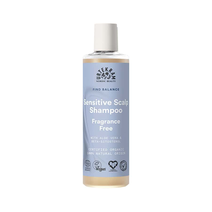 Shampoo sem fragrância para couro cabeludo sensível 250ml da Urtekram em frasco verde.