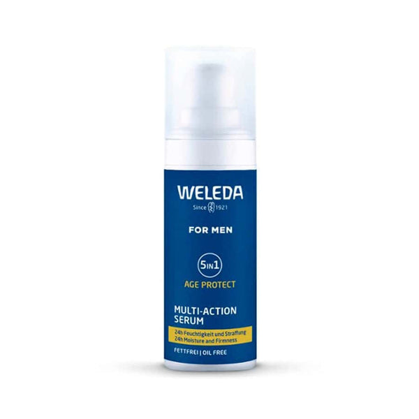 Frasco de Weleda Men's 5 en 1 Multiacción Sérum, cuidado intensivo para la hidratación, firmeza y protección de la piel masculina.