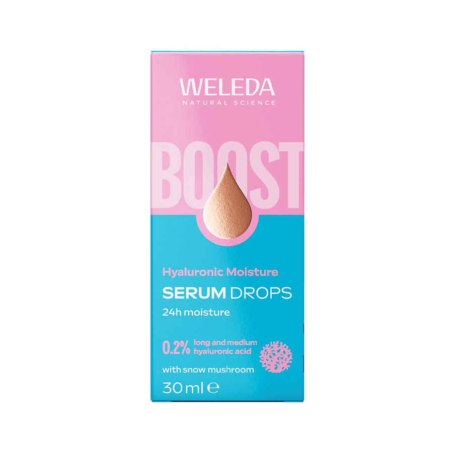 Booster sérum drops hidratante Weleda em frasco de 30ml, cuidado facial intensivo com ácido hialurónico para hidratação profunda da pele.