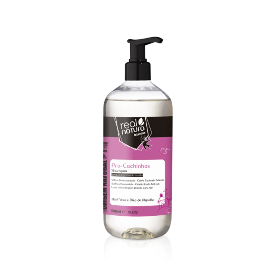 Shampoo Sem Sal Pro-Cachinhos 500ml Real Natura, champô infantil com óleo vegetal de algodão e vitamina B5 para cabelos cacheados.