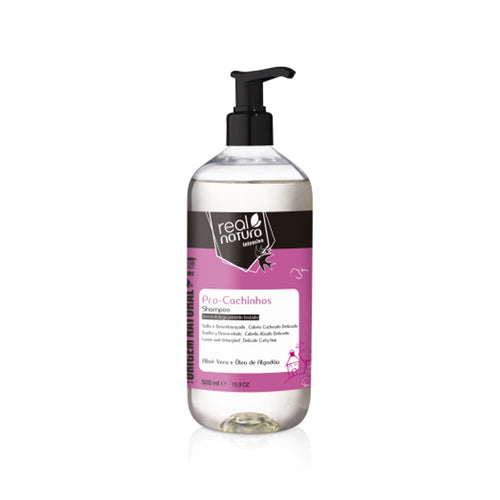 Champú Real Natura Pro-Cachinhos sin sal 500 ml, champú infantil con aceite de semilla de algodón y vitamina B5 para cabello rizado.