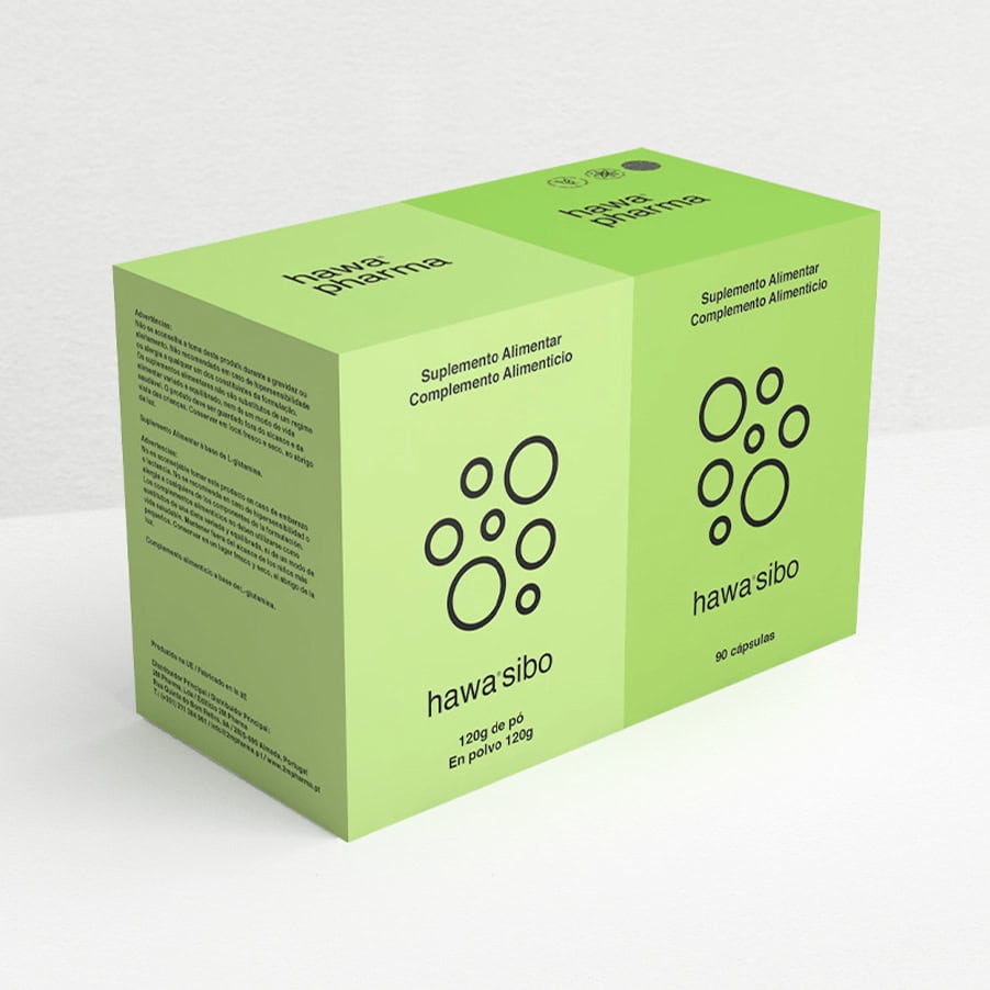 Hawa Sibo Kit da Hawa Pharma com pó de 120 gramas e 90 cápsulas, suplemento alimentar para apoio digestivo e equilíbrio intestinal.