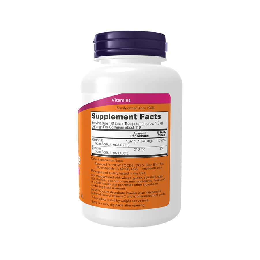 Vitamina C Ascorbato de Sodio 227g Now Foods, suplemento dietético en polvo con vitamina C tamponada.