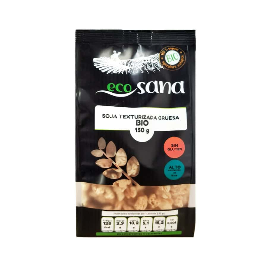 Soja texturizada grossa biológica Ecosana em embalagem de 150 gramas, com pedaços grandes adequados para pratos vegan e receitas ricas em proteína.