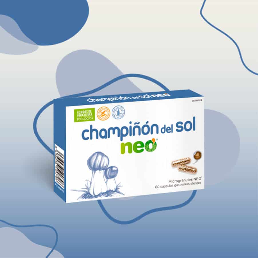 El frasco de Sun Mushroom de NeoVital Health contiene 60 cápsulas, un suplemento natural para reforzar el sistema inmunitario y aumentar la vitalidad.
