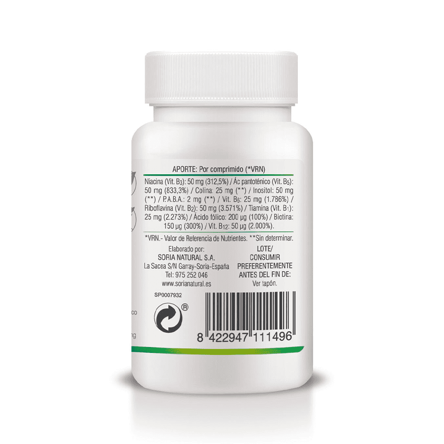 "Frasco do B-Complex com 30 comprimidos da Soria Natural, suplemento essencial para energia e suporte ao sistema nervoso.