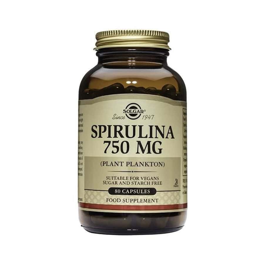 Spirulina 750mg Solgar em frasco com comprimidos de microalga rica em nutrientes e proteínas.