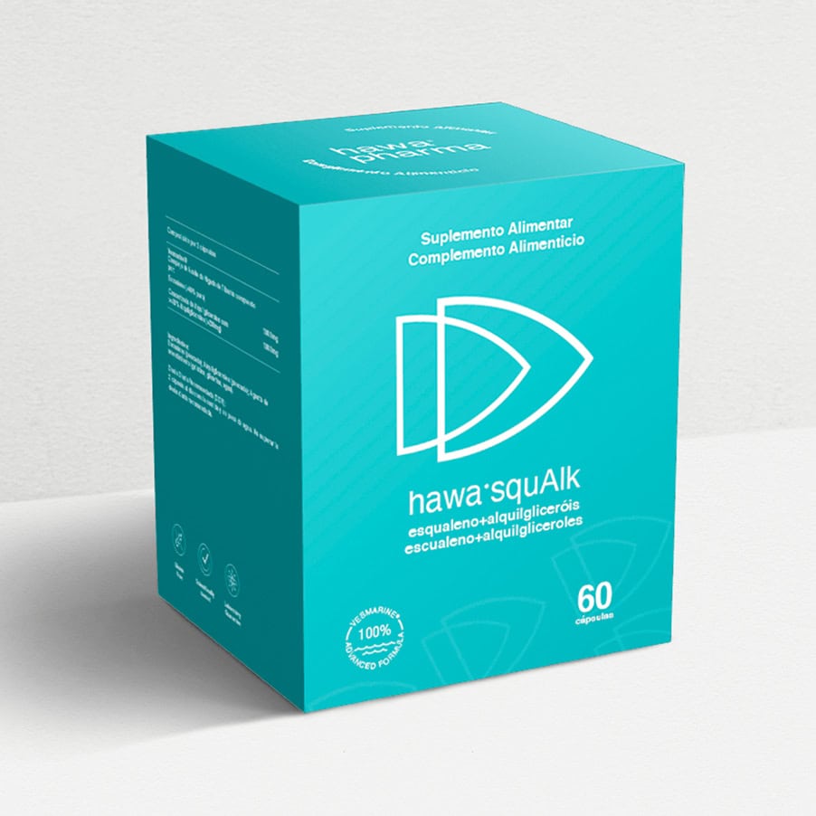 Hawa SquAlk da Hawa Pharma em cápsulas, suplemento alimentar para apoio antioxidante e bem-estar celular.