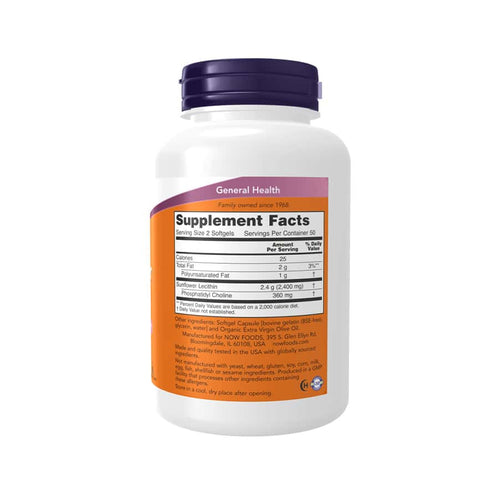 Lecitina de girasol 1200 mg, 100 cápsulas, Now Foods, complemento alimenticio en cápsulas a base de lecitina de girasol.