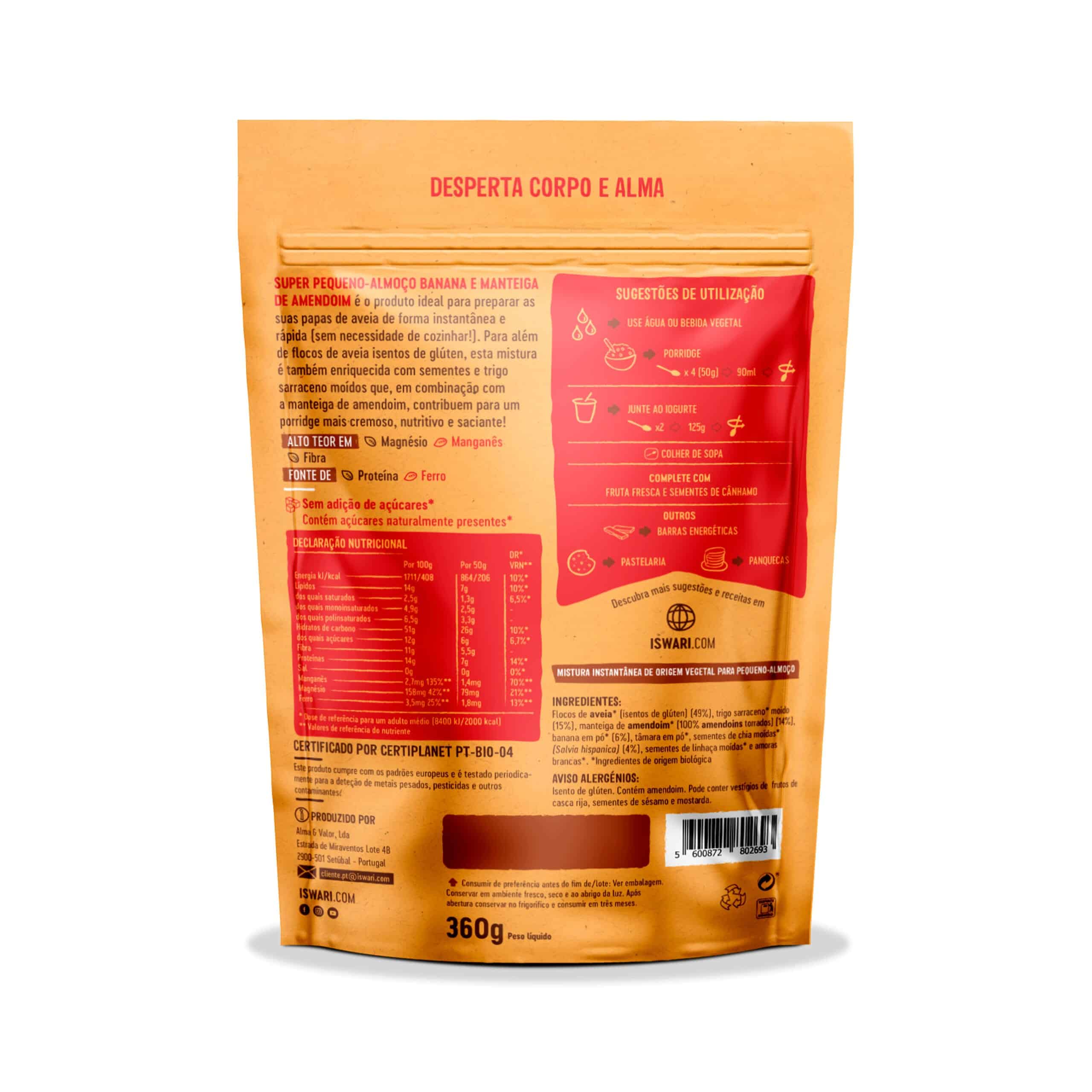 Super Pequeno-Almoço Banana e Manteiga de Amendoim 360gr Iswari