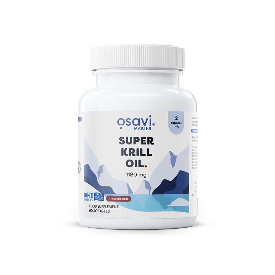 Super Óleo de Krill 1180 mg Osavi em cápsulas, frasco com 60 cápsulas para suporte cardiovascular e cognitivo