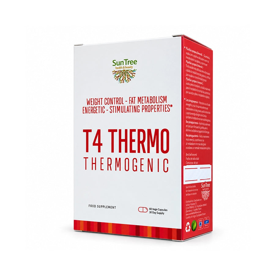T4 Thermo 60 cápsulas da SunTree, suplemento alimentar com cafeína, colina, guaraná, erva-mate e café verde.
