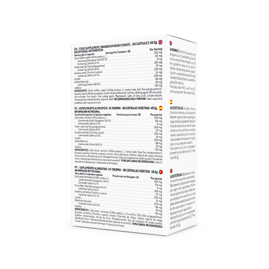 T4 Thermo 60 cápsulas da SunTree, suplemento alimentar com cafeína, colina e extratos vegetais como guaraná, erva-mate e café verde.