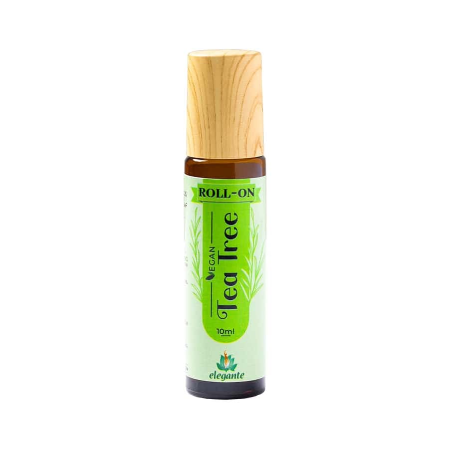 Frasco do Roll-On Tea Tree 10ml da Elegante F. J. Campos, aplicação prática de óleo essencial de árvore-do-chá.