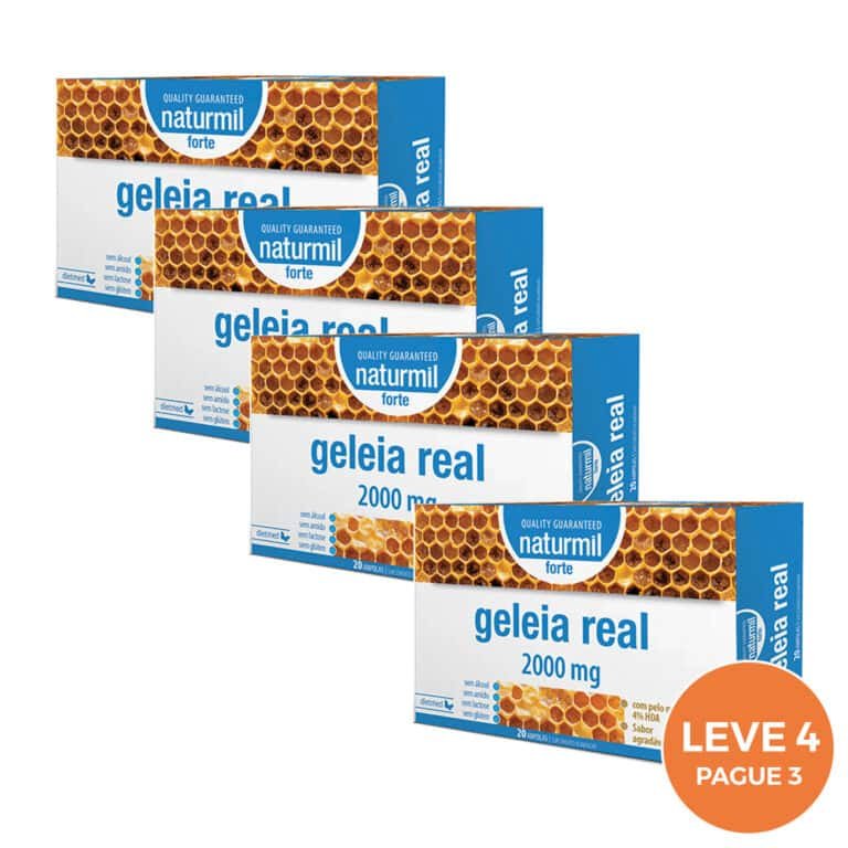 Geleia Real Forte 2000 mg Naturmil 20 ampolas suplemento energia imunidade pack leve 4 pague 3