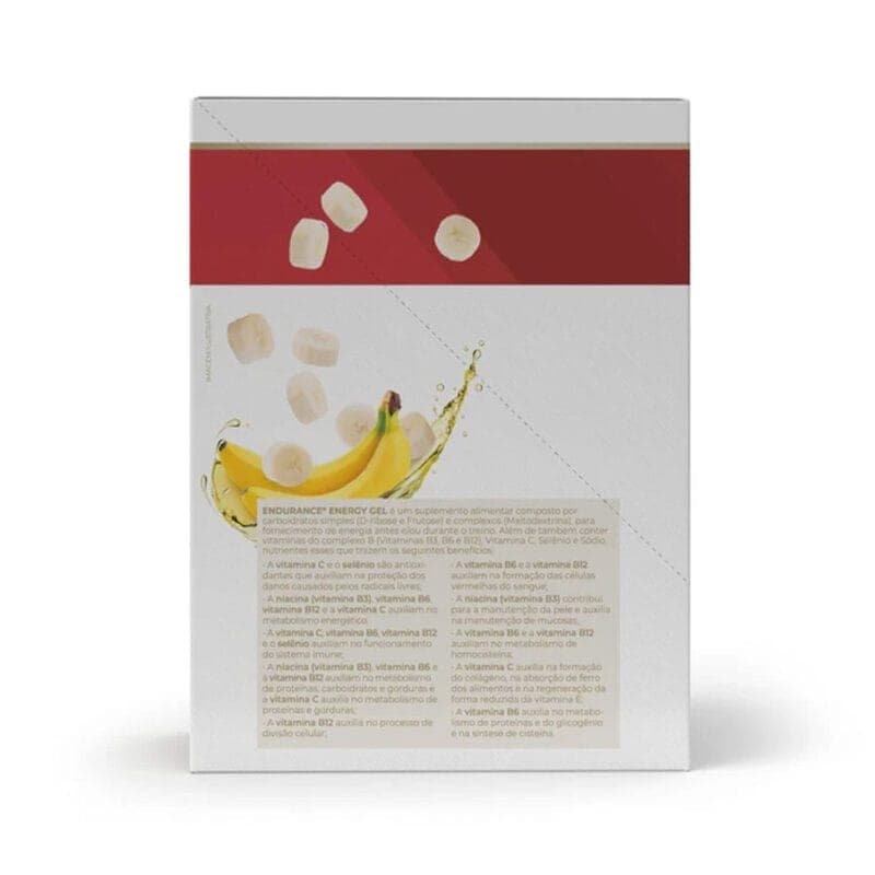 Endurance Caffeine Gel Banana 12 saquetas Vitafor, gel energético com cafeína para treinos de resistência.
