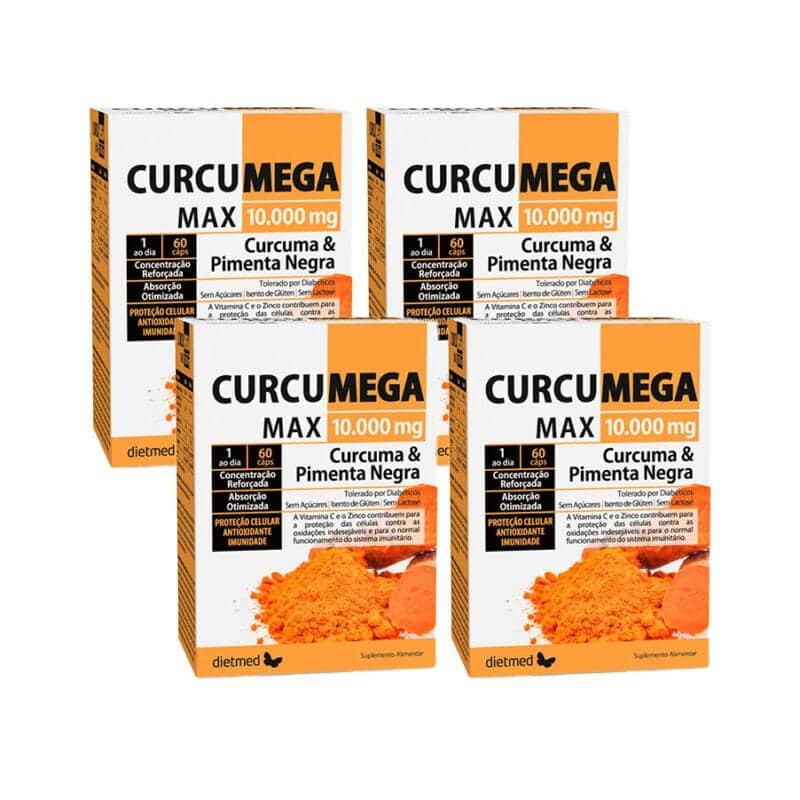 Curcumega Max 10000mg 60 Cápsulas Dietmed Leve 4 Pague 3, suplemento alimentar com curcuma, pimenta negra, vitamina C e zinco.