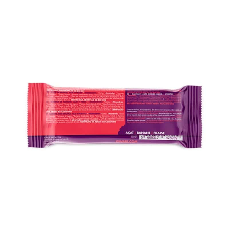 Buddha Energy Bar Açaí Morango Banana Pack 15 x 35gr Iswari, barras energéticas biológicas, vegan e sem glúten com frutos secos, sementes e fruta.
