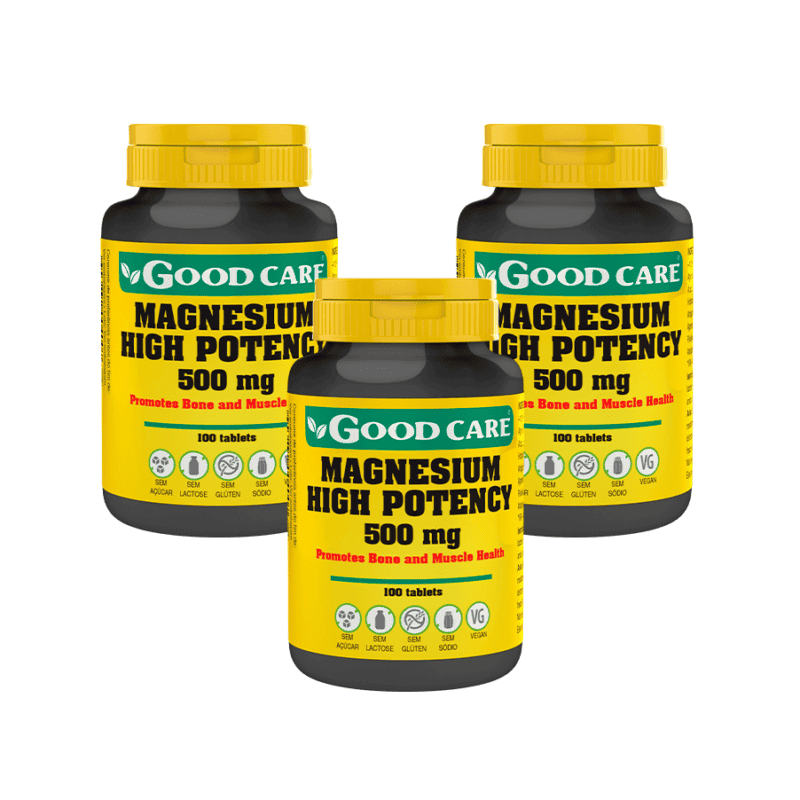 Magnésio Alta Potência 500 mg Good Care pack 3 x 100 comprimidos suplemento mineral para músculos sistema nervoso energia e redução do cansaço.