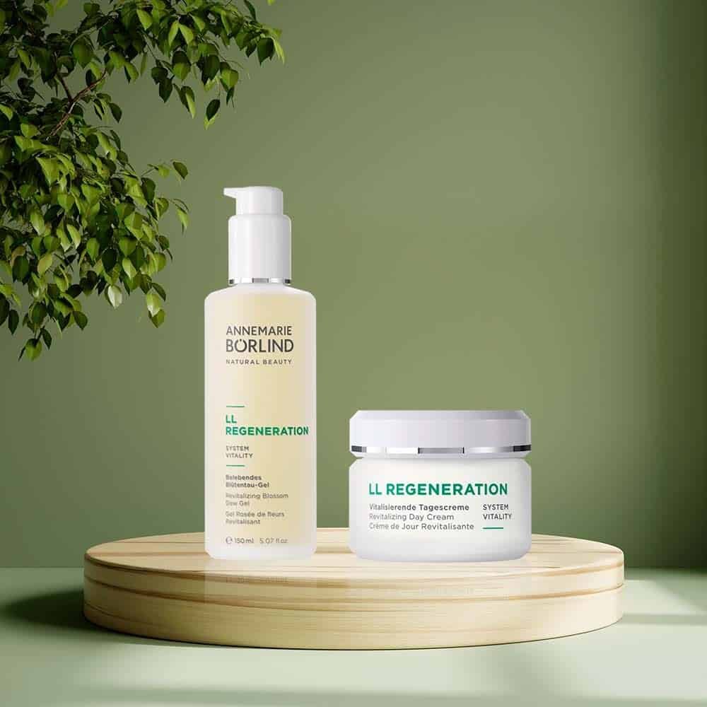 Pack LL Regeneration Rosto AnneMarie Börlind com leite de limpeza suavizante 150 ml e creme de noite revitalizante 50 ml para pele seca e desidratada.
