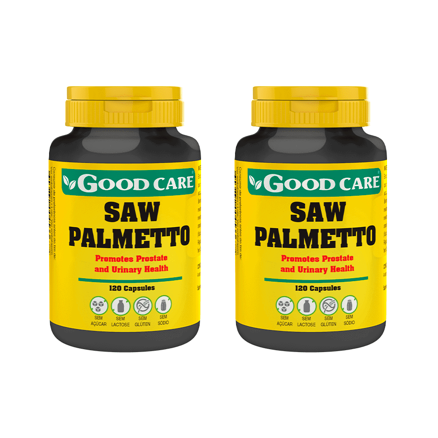 Saw Palmetto Pack Good Care com dois frascos de 120 cápsulas de suplemento alimentar para homem.
