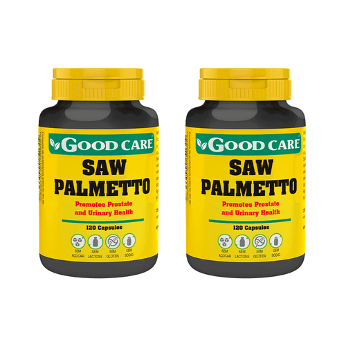 Saw Palmetto Pack Good Care com dois frascos de 120 cápsulas de suplemento alimentar para homem.
