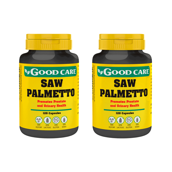 Saw Palmetto Pack Good Care com dois frascos de 120 cápsulas de suplemento alimentar para homem.
