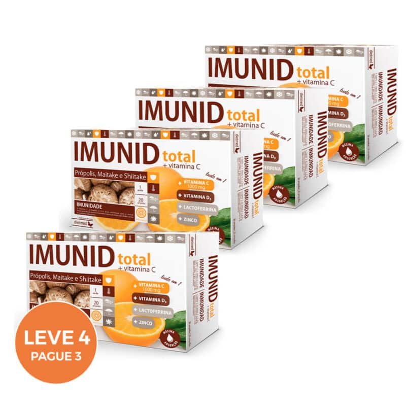 Imunid Total + Vitamina C 20 Ampolas Dietmed Leve 4 Pague 3, suplemento alimentar líquido com vitamina C, vitamina D3, zinco, própolis e lactoferrina.