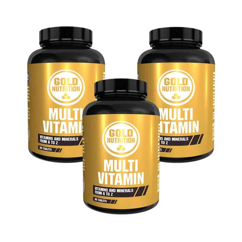 Multivitamin Pack 3 x 60 comprimidos Gold Nutrition, suplemento multivitamínico e mineral com mais de 30 ingredientes para complementar a nutrição diária e apoiar o bem-estar geral.
