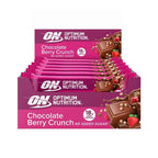 Barra de Proteína Crocante Chocolate e Frutos Vermelhos 12 x 55gr Optimum Nutrition, snack proteico com 18g de proteína por barra e recheio crocante.
