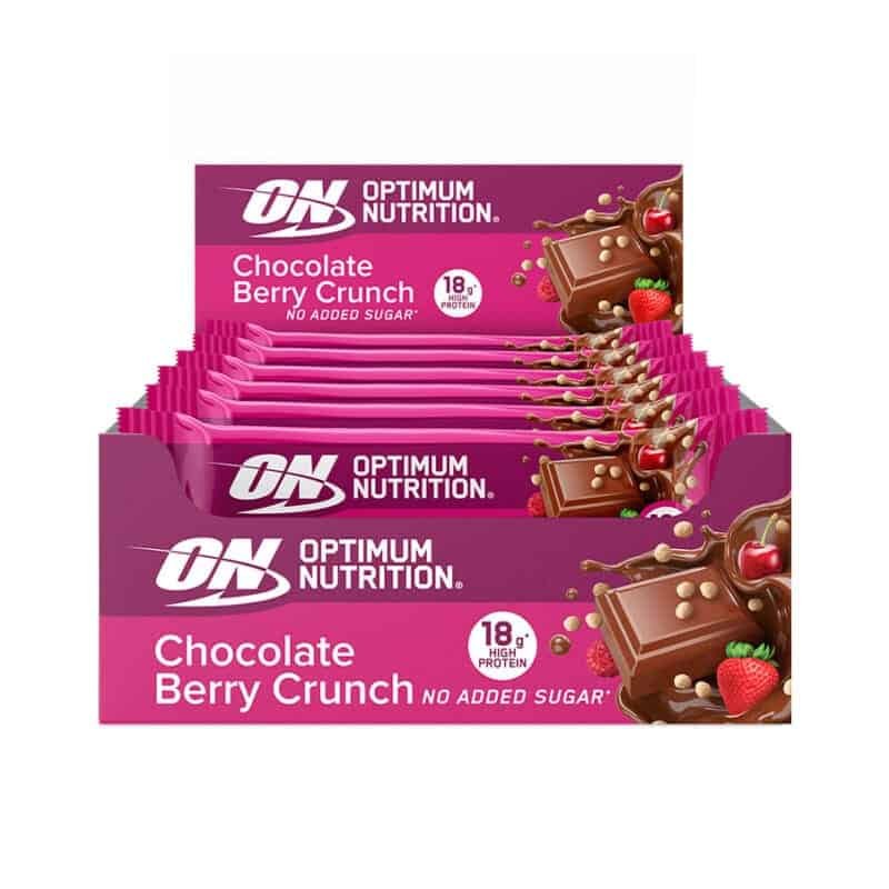 Barra de Proteína Crocante Chocolate e Frutos Vermelhos 12 x 55gr Optimum Nutrition, snack proteico com 18g de proteína por barra e recheio crocante.
