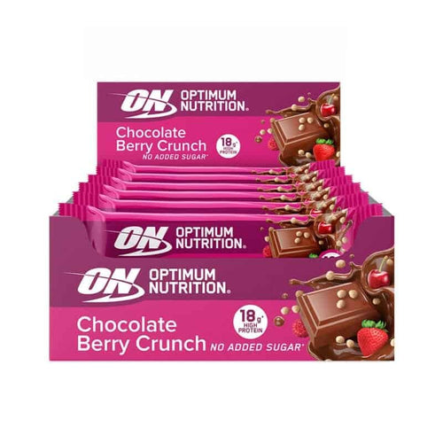 Barra de Proteína Crocante Chocolate e Frutos Vermelhos 12 x 55gr Optimum Nutrition, snack proteico com 18g de proteína por barra e recheio crocante.

