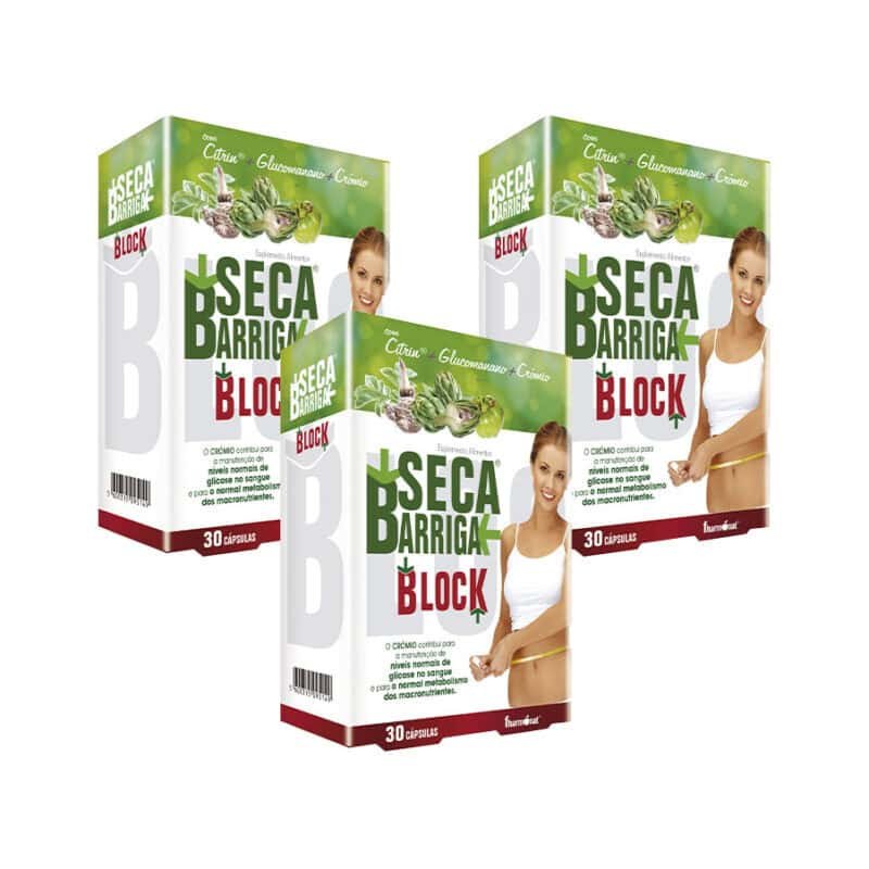 Seca Barriga Block Pack 3 x 30 cápsulas Fharmonat, suplemento alimentar com glucomanano, garcinia cambogia, passiflora, alcachofra e crómio.