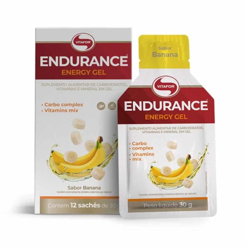 Endurance Caffeine Gel Banana 12 saquetas Vitafor, gel energético com cafeína para treinos de resistência.
