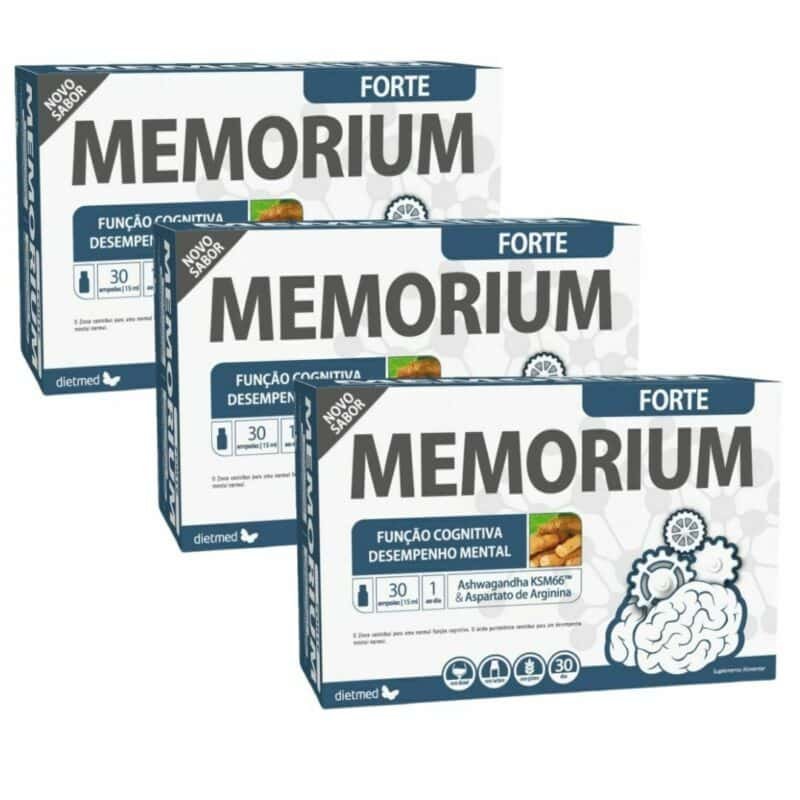 Memorium Forte Dietmed pack 3 x 30 ampolas suplemento alimentar para memória concentração energia e redução do cansaço com vitaminas e extratos naturais como ashwagandha e ginseng
