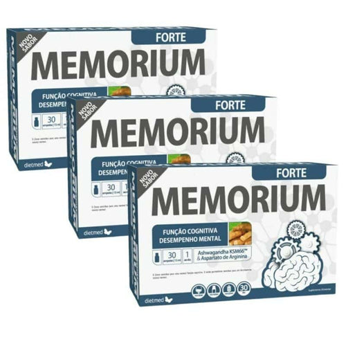 Memorium Forte Dietmed pack 3 x 30 ampolas suplemento alimentar para memória concentração energia e redução do cansaço com vitaminas e extratos naturais como ashwagandha e ginseng
