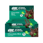 Barra de Proteína Vegan Chocolate e Menta 12 x 60gr Optimum Nutrition, snack proteico vegetal com 18g de proteína e baixo teor de açúcar.
