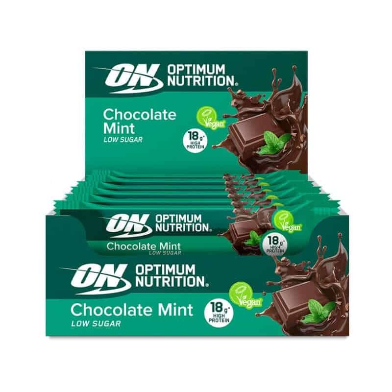 Barra de Proteína Vegan Chocolate e Menta 12 x 60gr Optimum Nutrition, snack proteico vegetal com 18g de proteína e baixo teor de açúcar.
